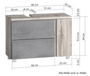 Waschbeckenunterschrank in Holzoptik mit grauen Fronten, linke Perspektive, Maße: 85 cm Breite, 54 cm Höhe, 35 cm Tiefe.
