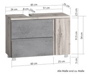 Waschbeckenunterschrank in Holzoptik mit grauen Fronten, linke Perspektive, Maße: 85 cm Breite, 54 cm Höhe, 35 cm Tiefe.