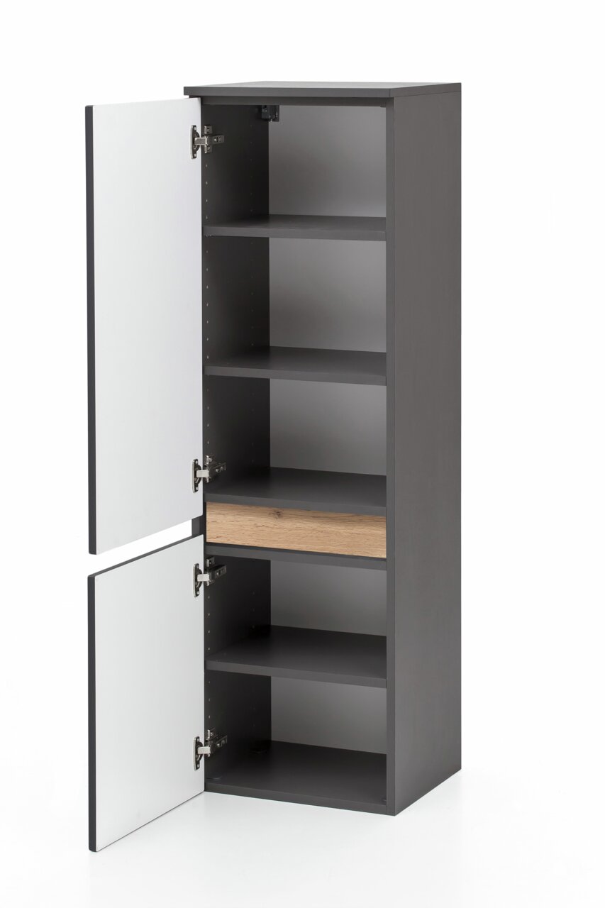 Offener Midischrank in dunklem Grau mit mehreren Regalböden und einer Holzeinlage, seitliche Perspektive