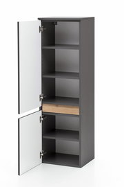 Offener Midischrank in dunklem Grau mit mehreren Regalböden und einer Holzeinlage, seitliche Perspektive