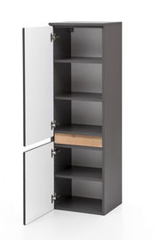 Offener Midischrank in dunklem Grau mit mehreren Regalböden und einer Holzeinlage, seitliche Perspektive