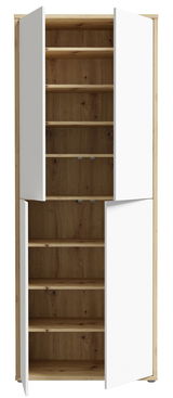 Hochformatiger XL-Schuhschrank mit vier offenen Türen, weiße Fronten und Holzoptik-Innenraum, frontal betrachtet.