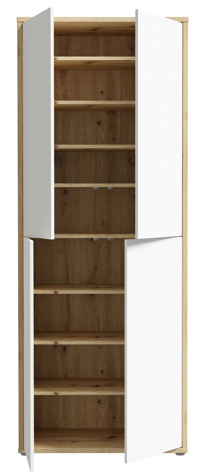 Hochformatiger XL-Schuhschrank mit vier offenen Türen, weiße Fronten und Holzoptik-Innenraum, frontal betrachtet.