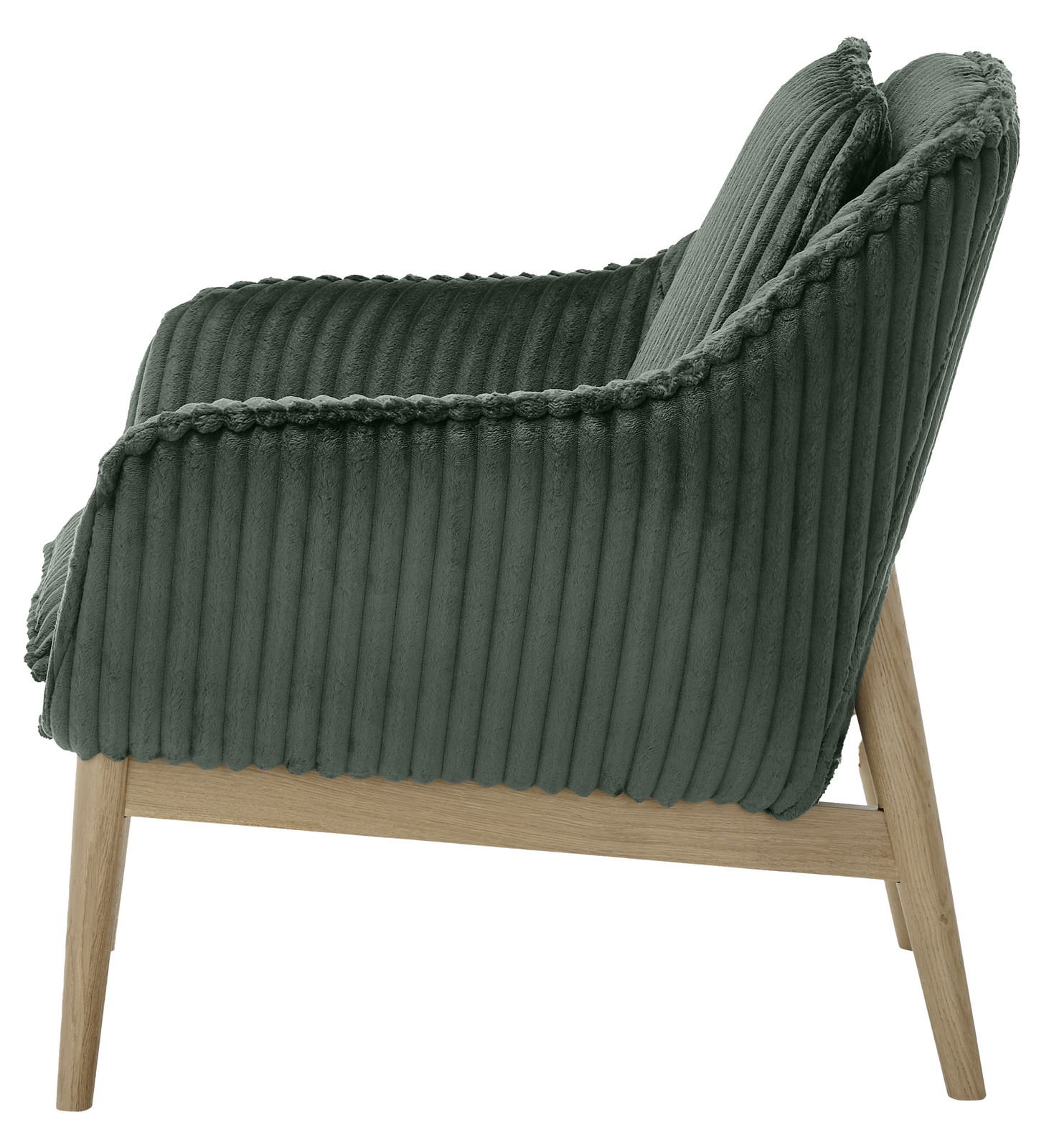 Seitenansicht eines Sessels mit grünem, geripptem Stoffbezug und Holzbeinen.