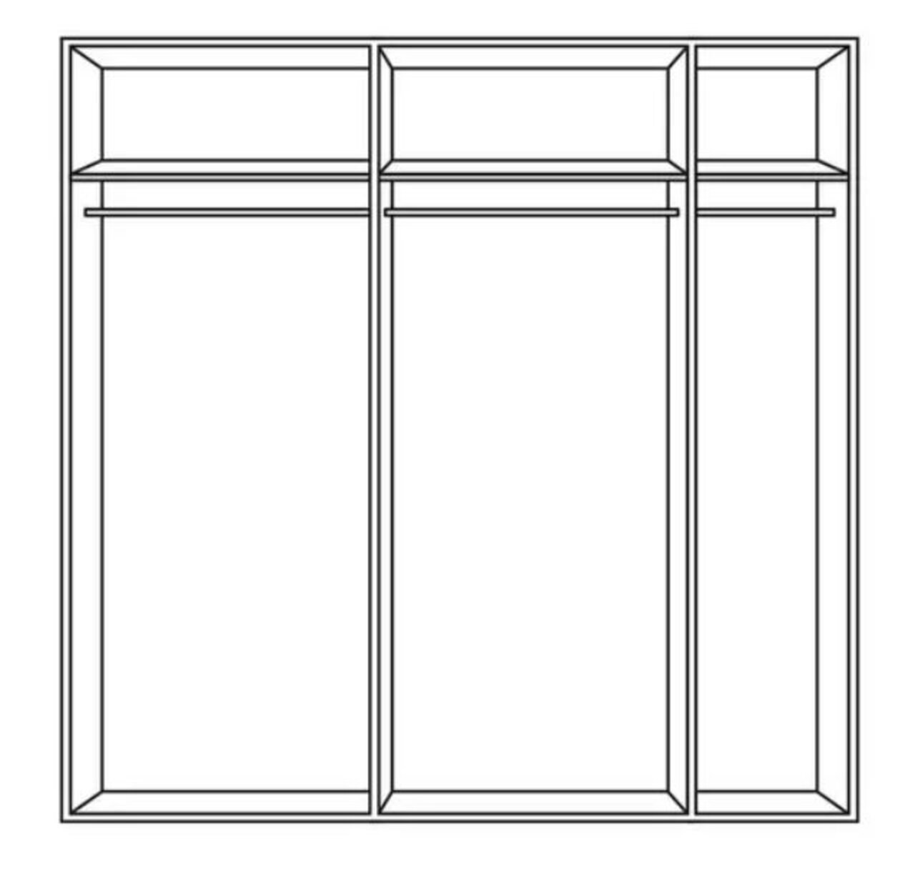 Jutzler Schwebetürenschrank 2-trg. JUTZLER Frontansicht eines dreitürigen Schwebetürenschranks mit zwei großen und einem schmalen Fach.