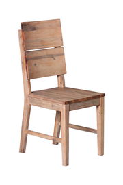 Holzstuhl mit gerader Rückenlehne, seitliche Perspektive