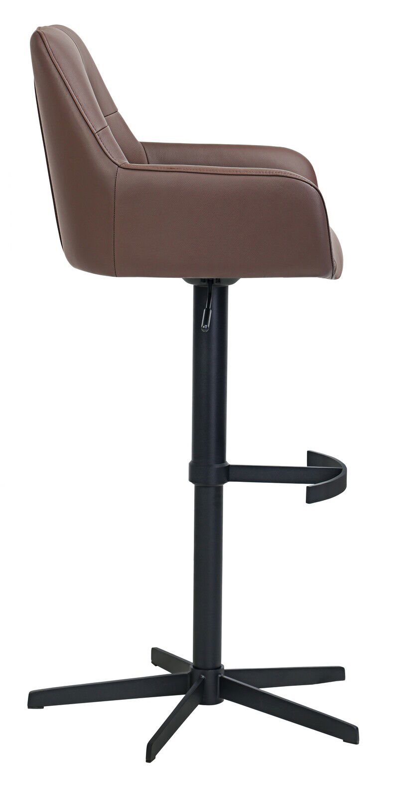 Seitenansicht eines braunen Barhockers mit schwarzem Metallgestell und Fußstütze