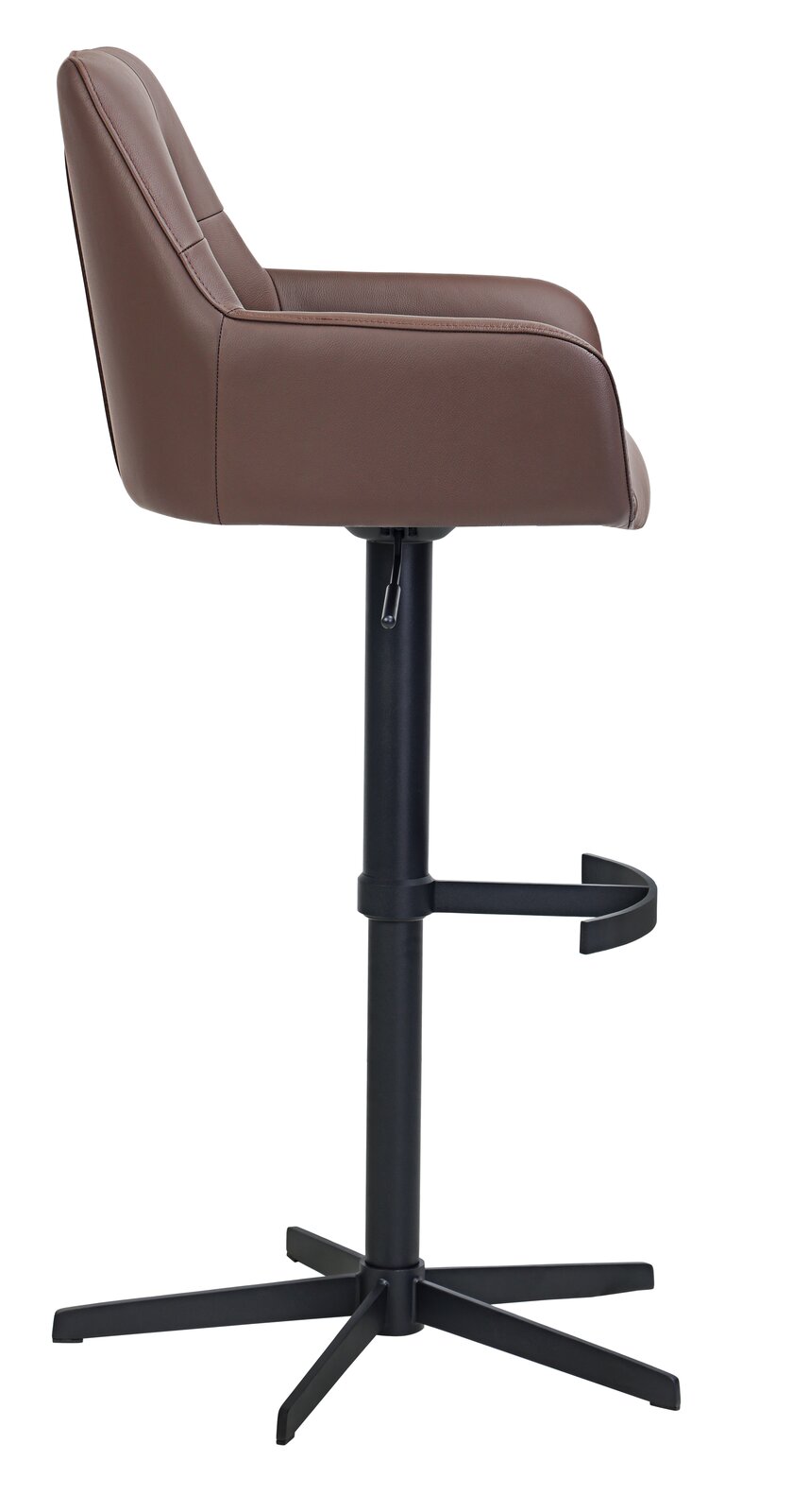 Seitenansicht eines braunen Barhockers mit schwarzem Metallgestell und Fußstütze