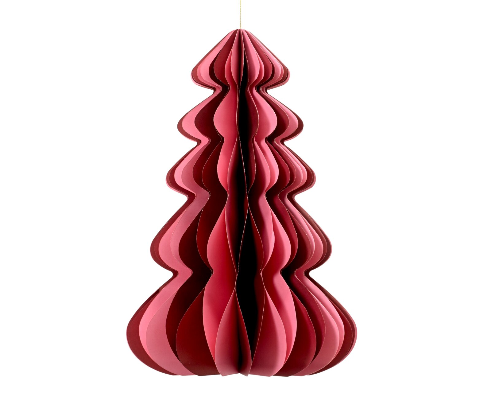 Frontansicht eines hängenden, dunkelroten 3D-Papier-Weihnachtsbaums mit filigraner Wabenstruktur vor weißem Hintergrund