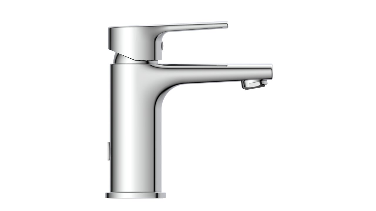 Wasserwerk Waschtischarmatur WT13 Seitliche Ansicht einer modernen, verchromten Waschtischarmatur mit Hebelgriff.