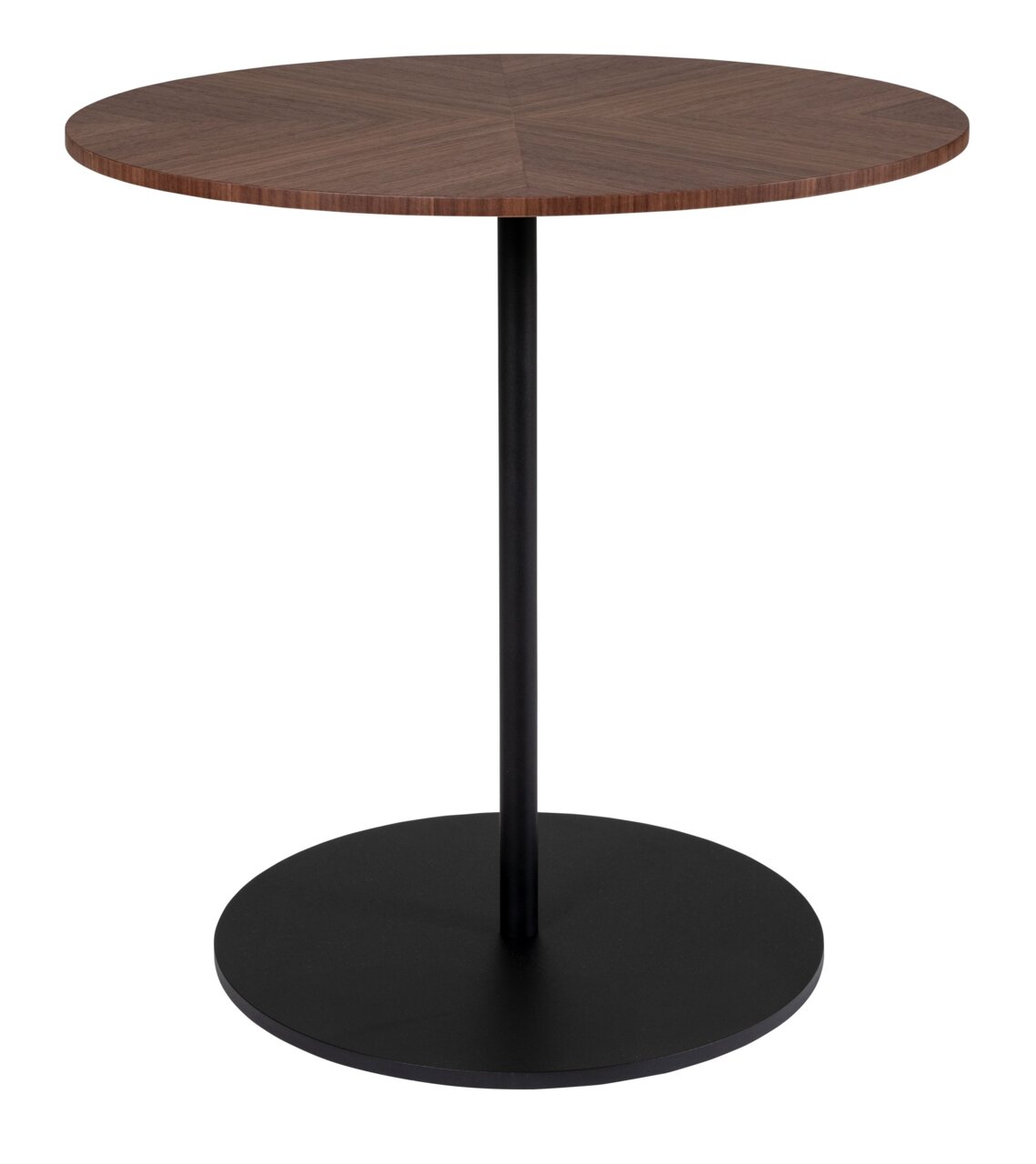 Ovaler Beistelltisch mit dunkler Holzplatte und schwarzem Metallgestell, seitliche Perspektive