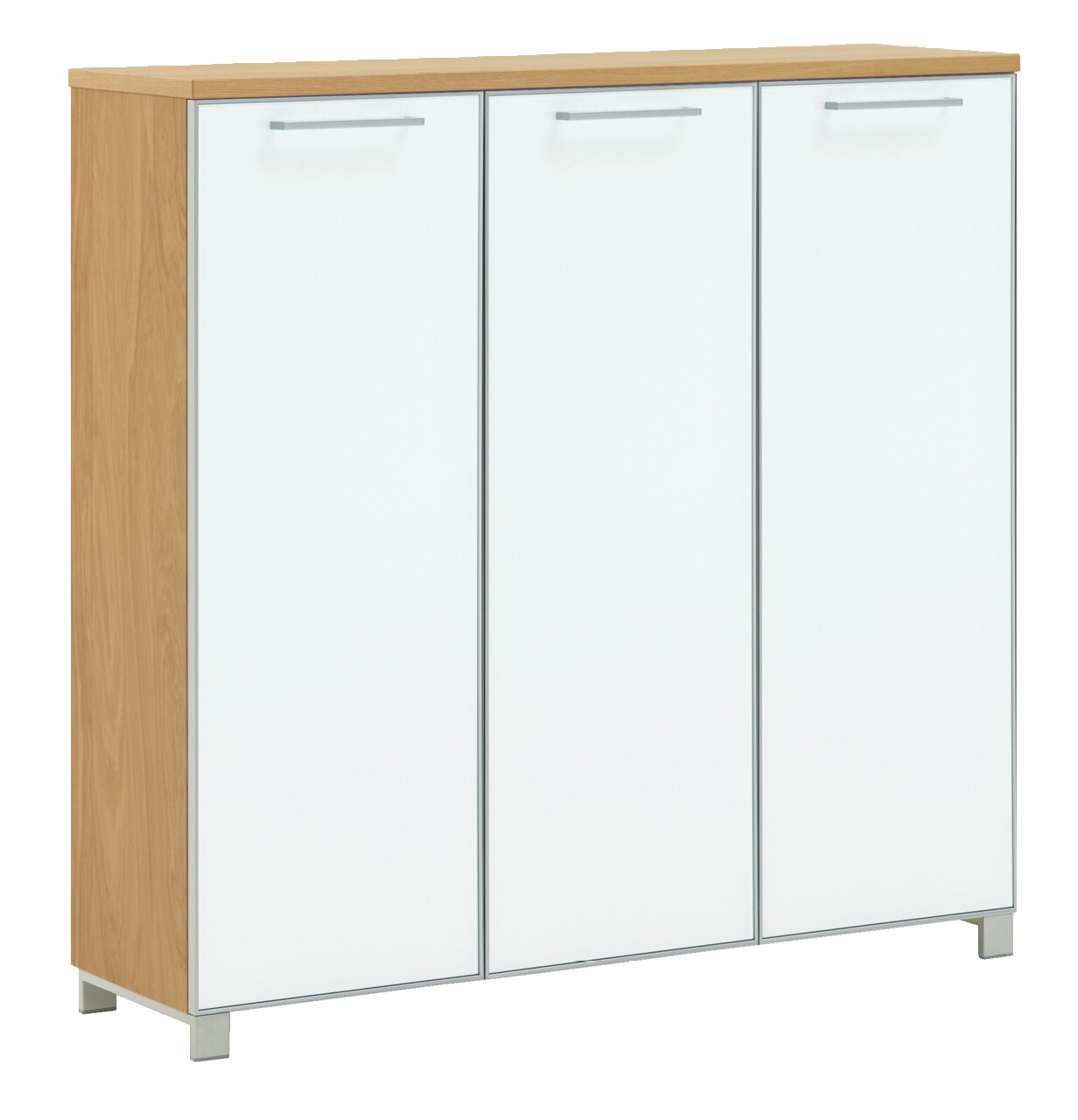 Moderner XL-Schuhschrank aus der Serie SANTINA mit drei Türen, Holzoptik und weißer Front, seitliche Perspektive