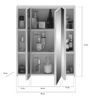 Spiegelschrank mit drei Türen, gefüllt mit Pflegeprodukten und Accessoires, frontal betrachtet. Maße: 60 cm Breite, 70 cm Höhe, 18 cm Tiefe.