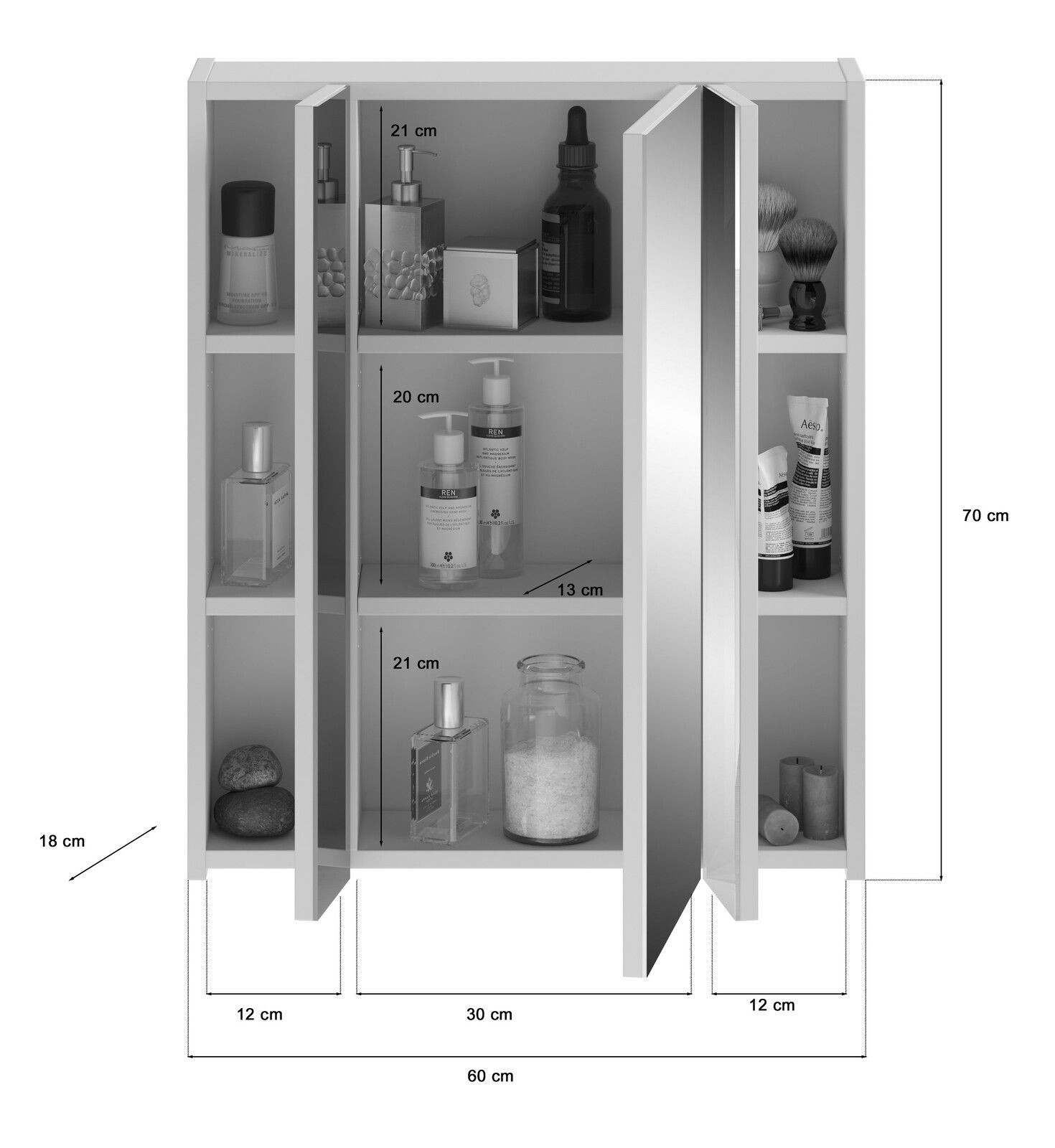 Spiegelschrank mit drei Türen, gefüllt mit Pflegeprodukten und Accessoires, frontal betrachtet. Maße: 60 cm Breite, 70 cm Höhe, 18 cm Tiefe.