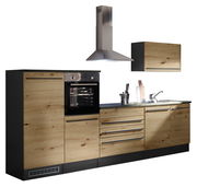 Moderne Küchenzeile in Holzoptik mit integriertem Backofen, Dunstabzugshaube und Spüle, seitliche Perspektive