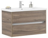 Waschtisch-Set mit Holzoptik, zwei Schubladen und weißem Waschbecken, seitliche Perspektive