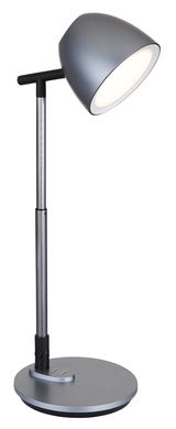 Moderne Tischleuchte CASALA in seitlicher Perspektive mit grauem Lampenschirm und verstellbarem Metallarm.