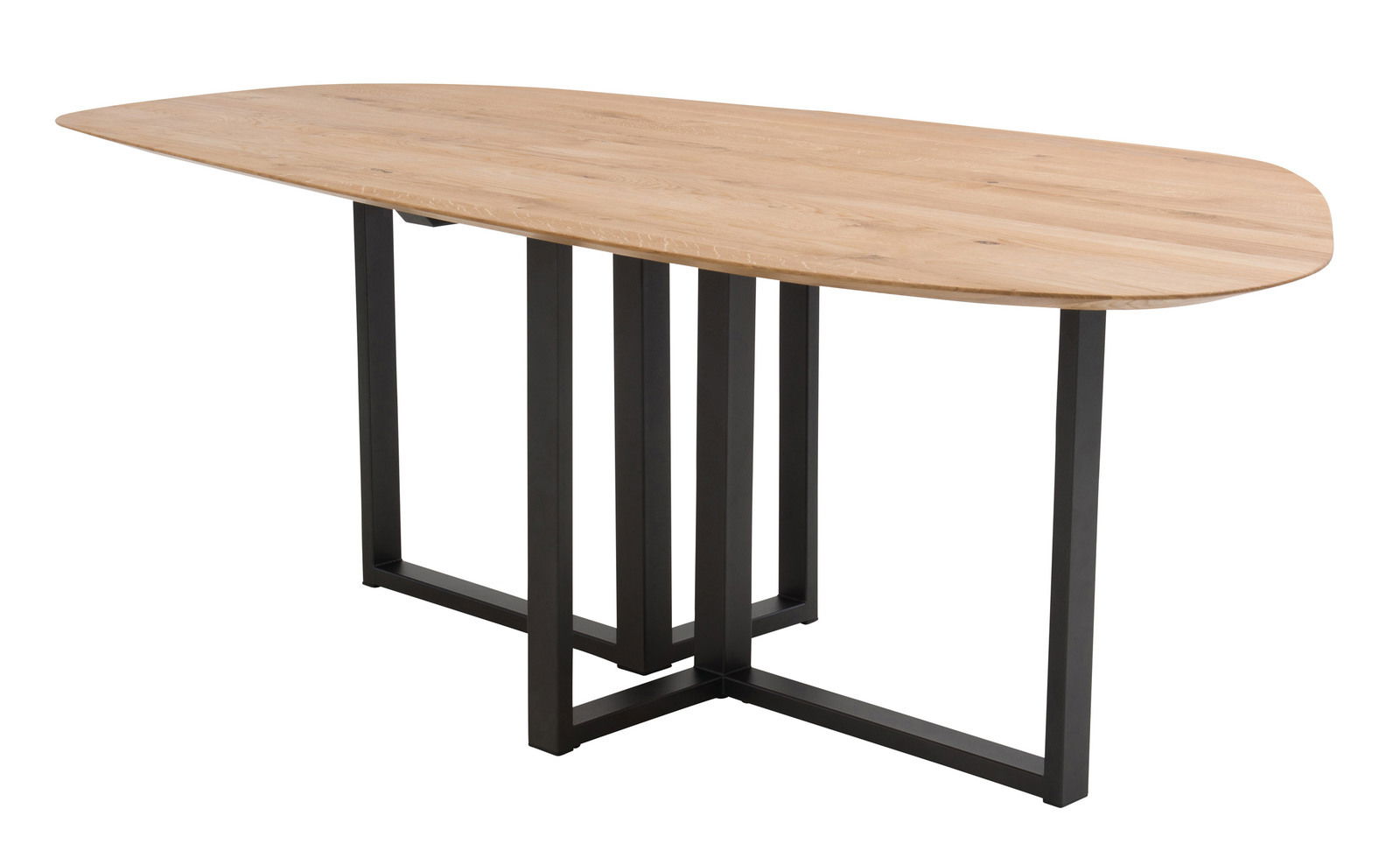 Moderner Esstisch aus Holz mit schwarzem Metallgestell, seitliche Perspektive