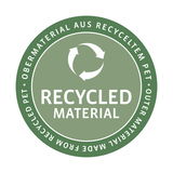 Recycling-Symbol auf grünem Hintergrund, das auf die Verwendung von recyceltem PET-Material hinweist, Draufsicht.