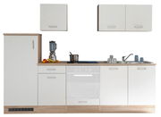 Küchenblock 270 ohne Elektrogeräte, Frontansicht. Enthält Schränke, Arbeitsplatte, Spüle und Stauraum.