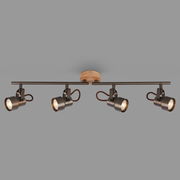 Moderne Spotleuchte mit vier verstellbaren Strahlern, montiert auf einer Holzhalterung, seitliche Perspektive.