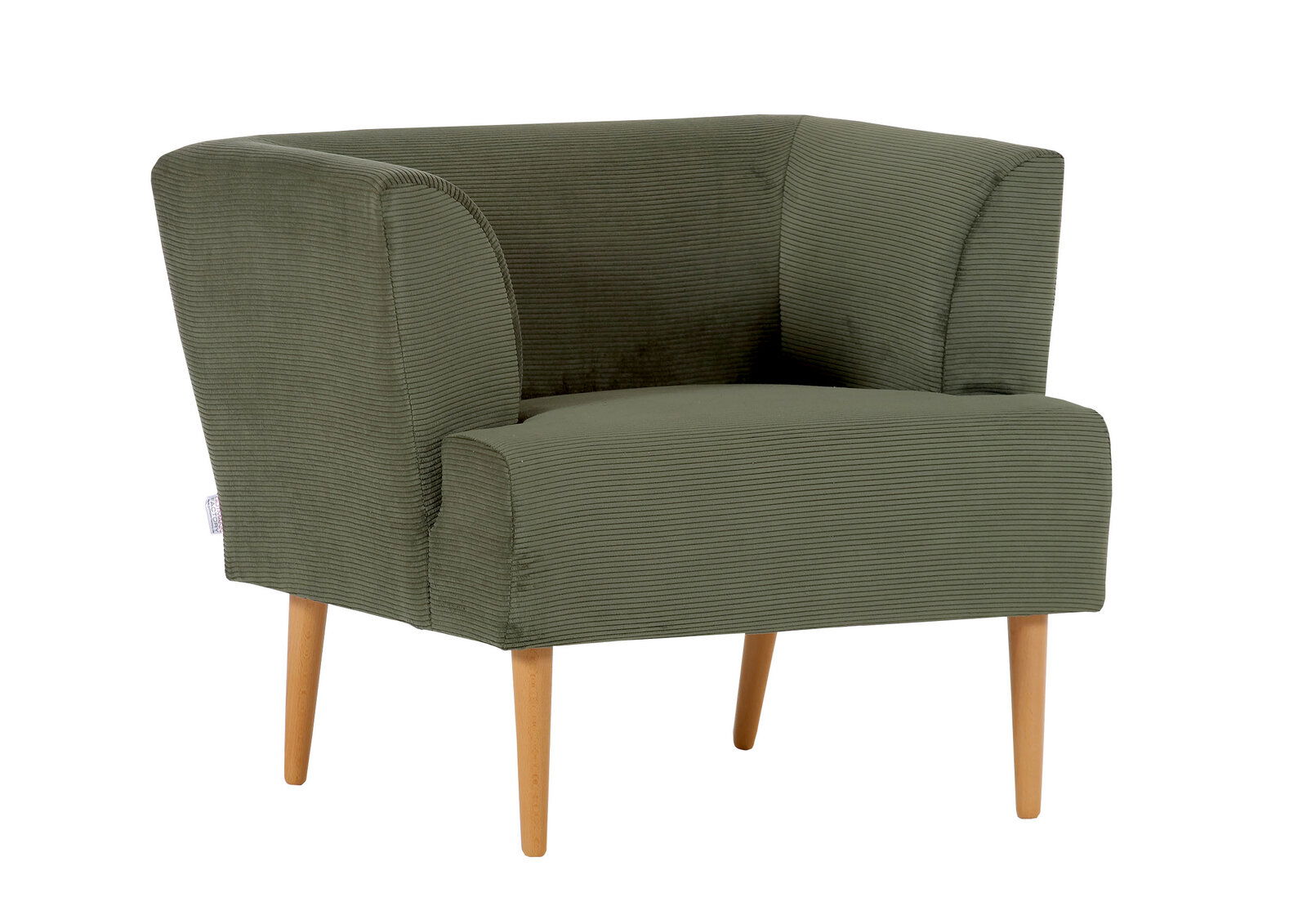 Grüner Sessel mit Holzbeinen, seitliche Perspektive