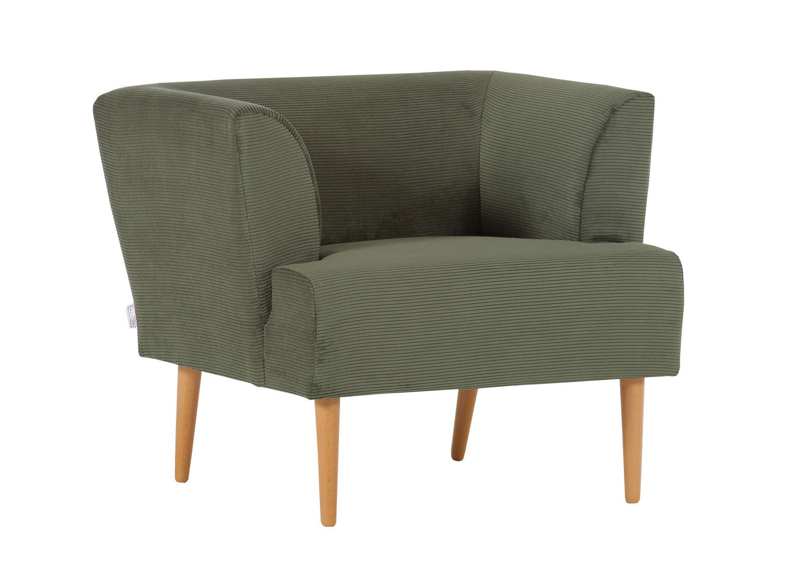 Grüner Sessel mit Holzbeinen, seitliche Perspektive