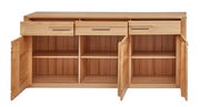 Holz-Sideboard mit drei offenen Schubladen und vier offenen Türen, frontale Ansicht