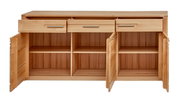 Holz-Sideboard mit drei offenen Schubladen und vier offenen Türen, frontale Ansicht