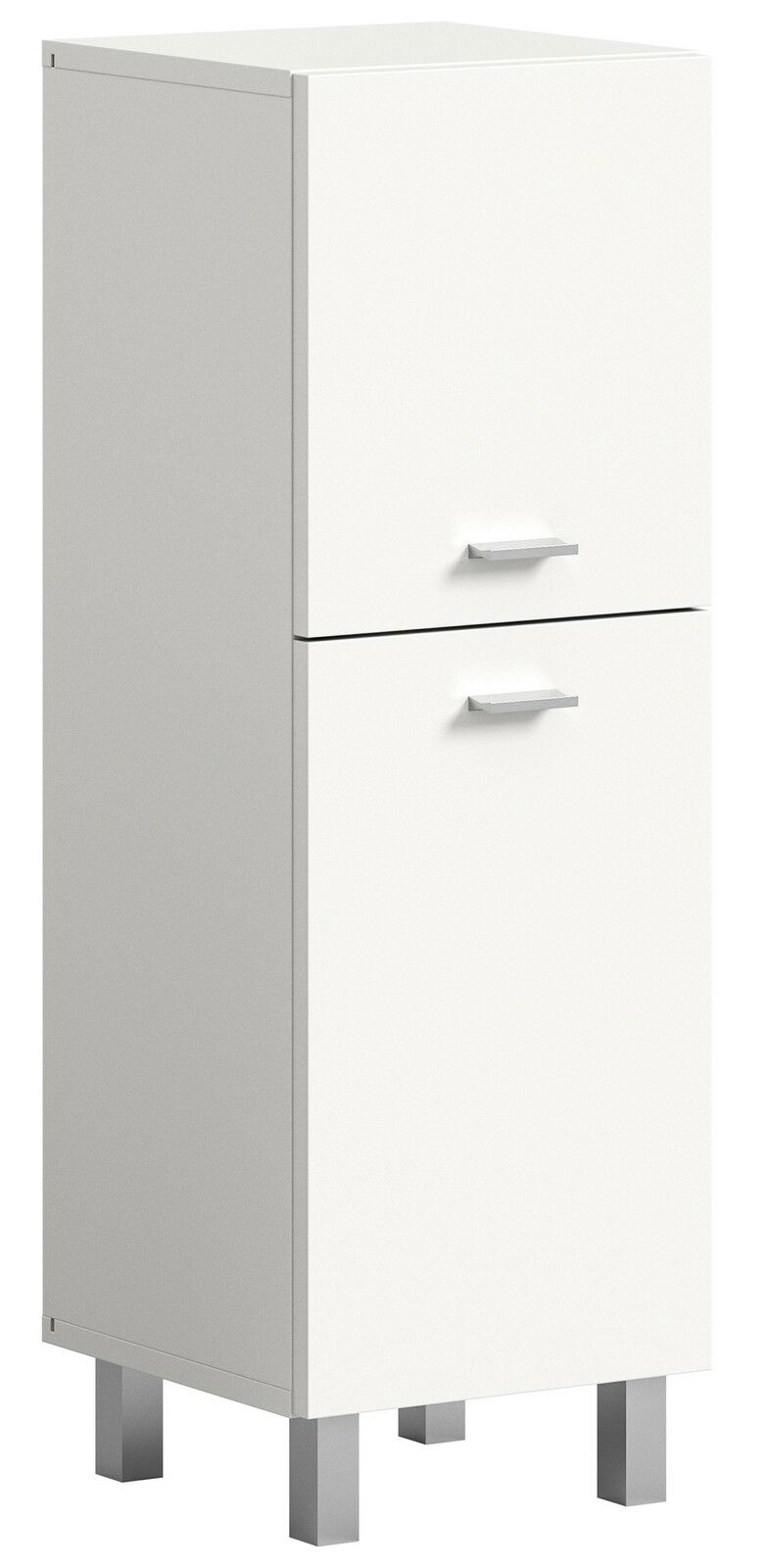Weißer Badschrank mit zwei Schubladen und silbernen Griffen, seitliche Perspektive