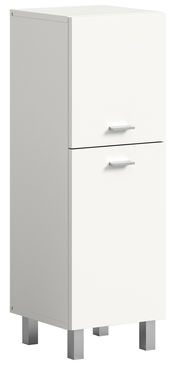 Weißer Badschrank mit zwei Schubladen und silbernen Griffen, seitliche Perspektive