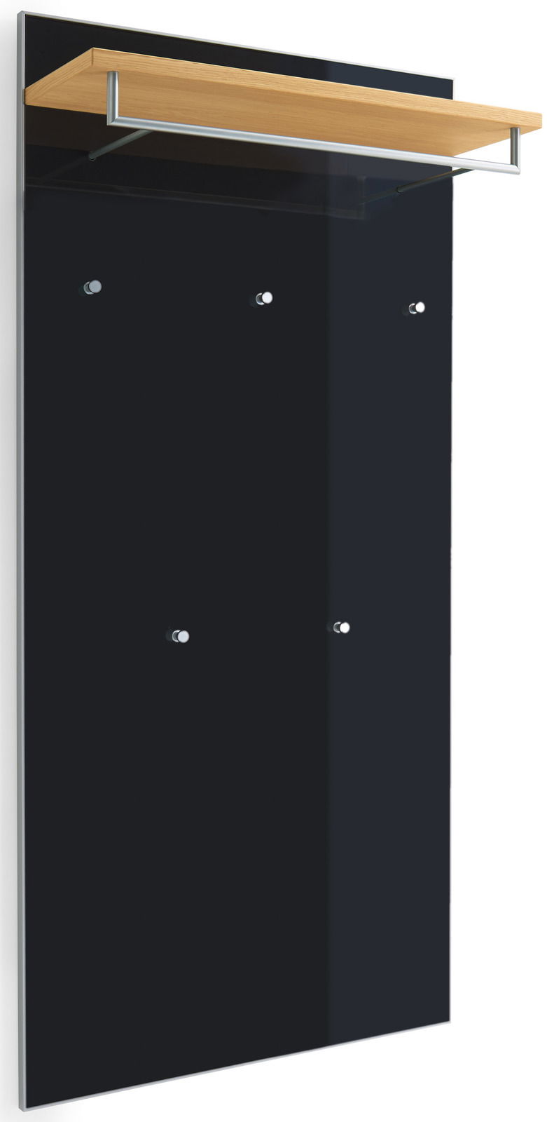 VOSS XL-Garderobenpaneel SANTINA Frontansicht eines XL-Garderobenpaneels mit schwarzer Oberfläche, Holzablage und Metallstange.
