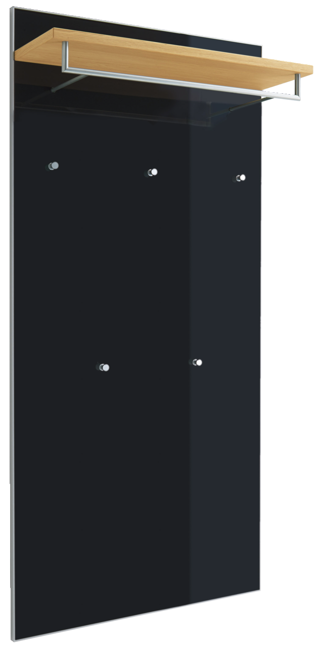 VOSS XL-Garderobenpaneel SANTINA Frontansicht eines XL-Garderobenpaneels mit schwarzer Oberfläche, Holzablage und Metallstange.