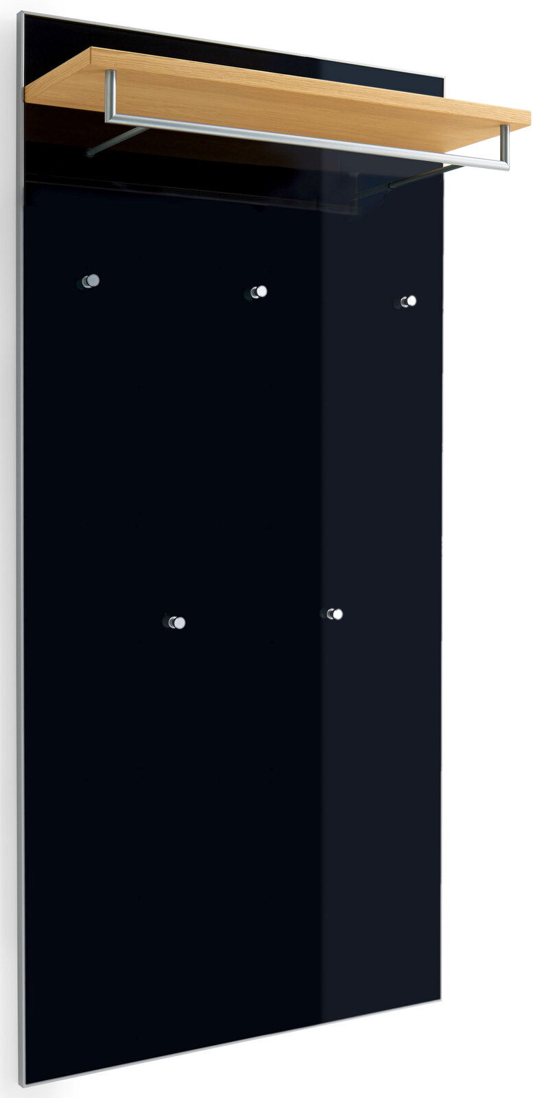VOSS XL-Garderobenpaneel SANTINA Frontansicht eines XL-Garderobenpaneels mit schwarzer Oberfläche, Holzablage und Metallstange.