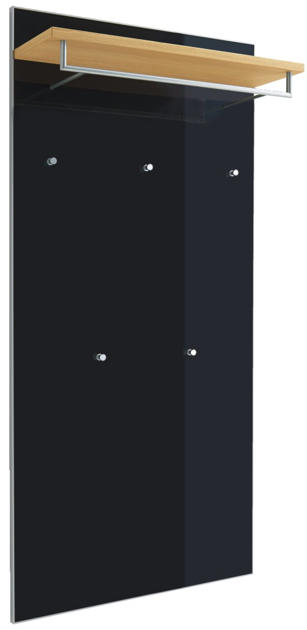 VOSS XL-Garderobenpaneel SANTINA Frontansicht eines XL-Garderobenpaneels mit schwarzer Oberfläche, Holzablage und Metallstange.