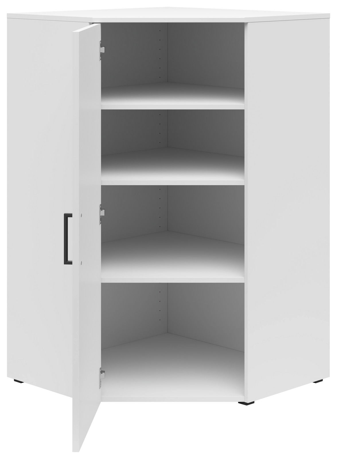 Weiße Eckkommode mit geöffneter Tür, zeigt drei Regalböden aus einer leicht seitlichen Perspektive.