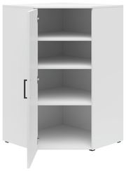 Weiße Eckkommode mit geöffneter Tür, zeigt drei Regalböden aus einer leicht seitlichen Perspektive.