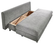 Graues Funktionssofa mit geöffneter Stauraumfunktion, seitliche Perspektive
