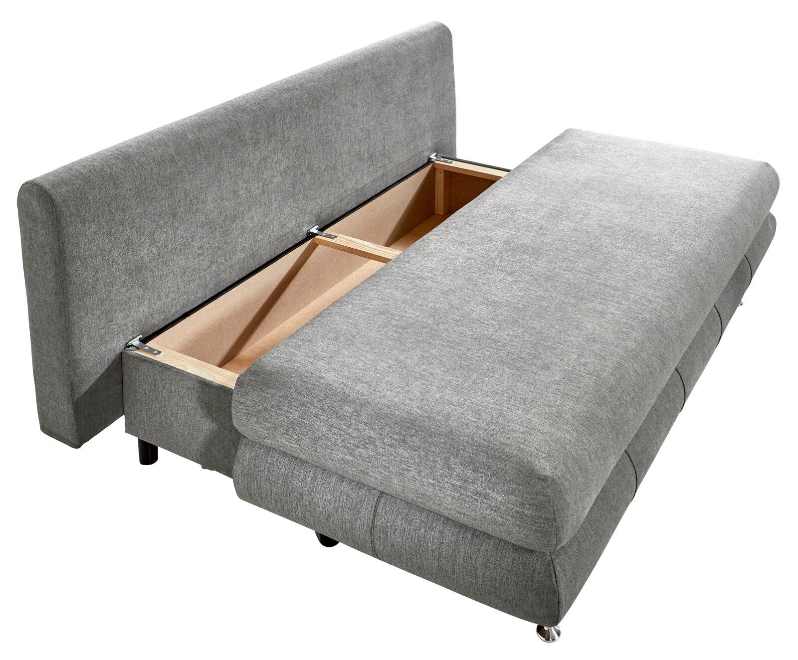 Graues Funktionssofa mit geöffneter Stauraumfunktion, seitliche Perspektive