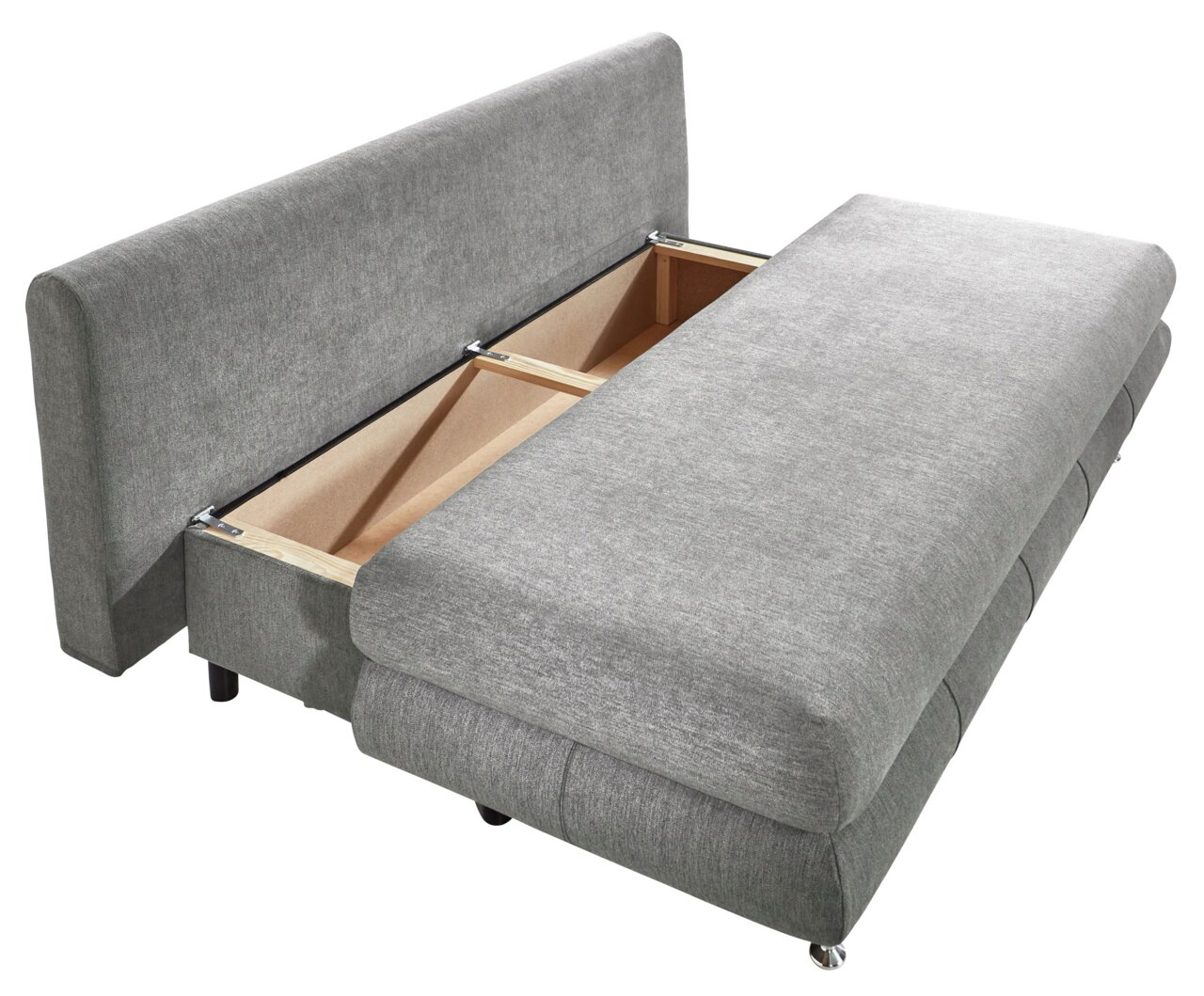 Graues Funktionssofa mit geöffneter Stauraumfunktion, seitliche Perspektive