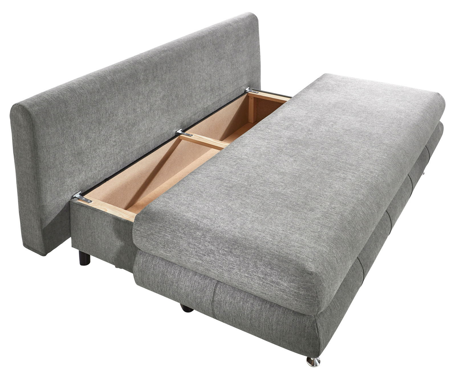 Graues Funktionssofa mit geöffneter Stauraumfunktion, seitliche Perspektive