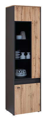 Vitrine aus Holz mit schwarzem Rahmen, frontal fotografiert. Enthält dekorative weiße Keramikobjekte auf den Regalen.