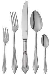 Elegantes Besteckset mit dekorativen Griffen, bestehend aus Gabel, Messer, Esslöffel, Teelöffel und Kuchengabel, aus der Vogelperspektive fotografiert.