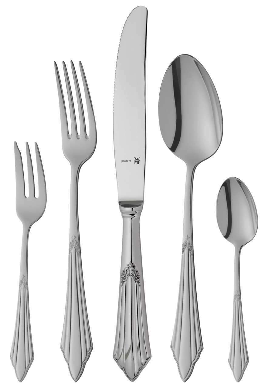 WMF Besteck 66-tlg FÄCHER Elegantes Besteckset mit dekorativen Griffen, bestehend aus Gabel, Messer, Esslöffel, Teelöffel und Kuchengabel, aus der Vogelperspektive fotografiert.