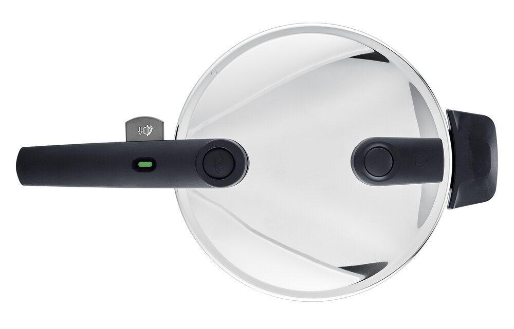 Draufsicht auf einen Schnellkochtopf Vitaquick 4,5l mit schwarzem Griff und glänzendem Deckel.