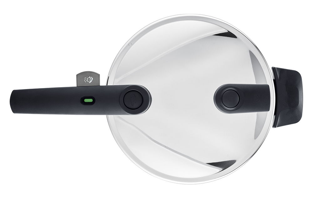 Draufsicht auf einen Schnellkochtopf Vitaquick 4,5l mit schwarzem Griff und glänzendem Deckel.