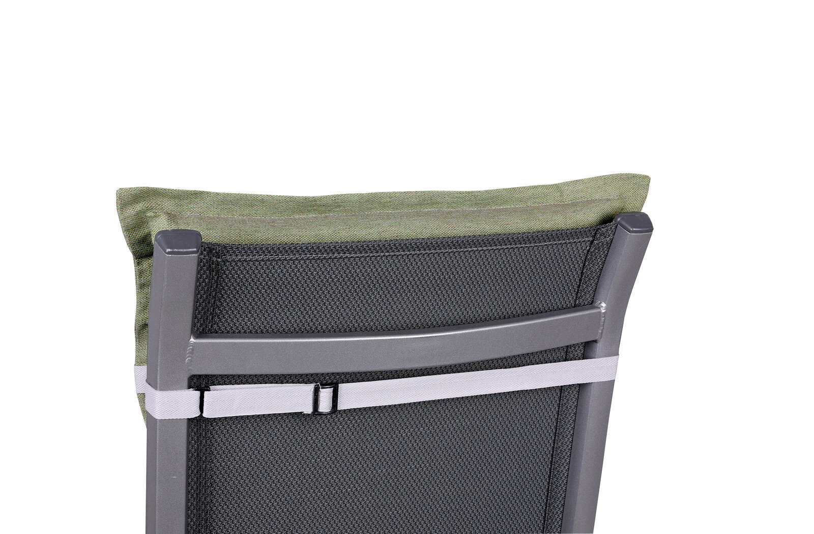 Rückansicht einer Sesselauflage in Grün auf einem grauen Stuhl mit Netzrückenlehne, befestigt mit einem weißen Gurt.