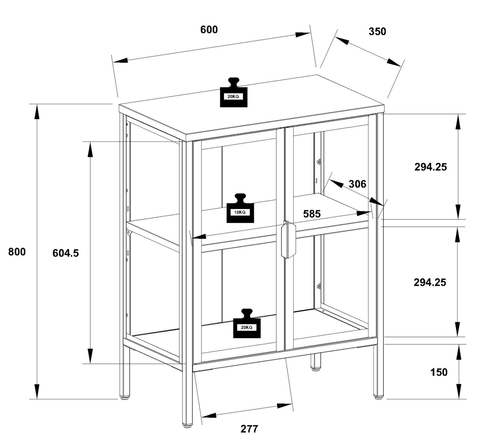Technische Maßzeichnung eines Metall-Aufbewahrungsschranks mit Ablagen und obenliegender Arbeitsplatte (ca. 600 x 350 x 800 mm), Traglastangaben 20/10/20 kg, dargestellt in schräger Vorderansicht.