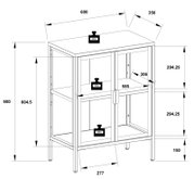 Technische Maßzeichnung eines Metall-Aufbewahrungsschranks mit Ablagen und obenliegender Arbeitsplatte (ca. 600 x 350 x 800 mm), Traglastangaben 20/10/20 kg, dargestellt in schräger Vorderansicht.