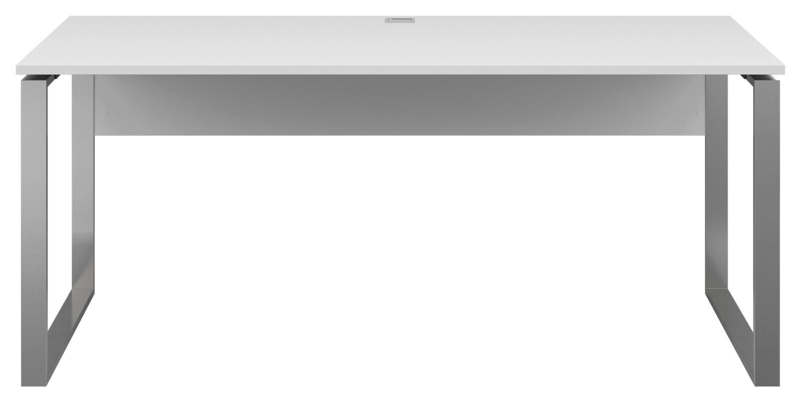 Voleo Schreibtisch NEVADA Moderner Schreibtisch mit weißer Tischplatte und silbernen Metallbeinen, Frontalansicht.